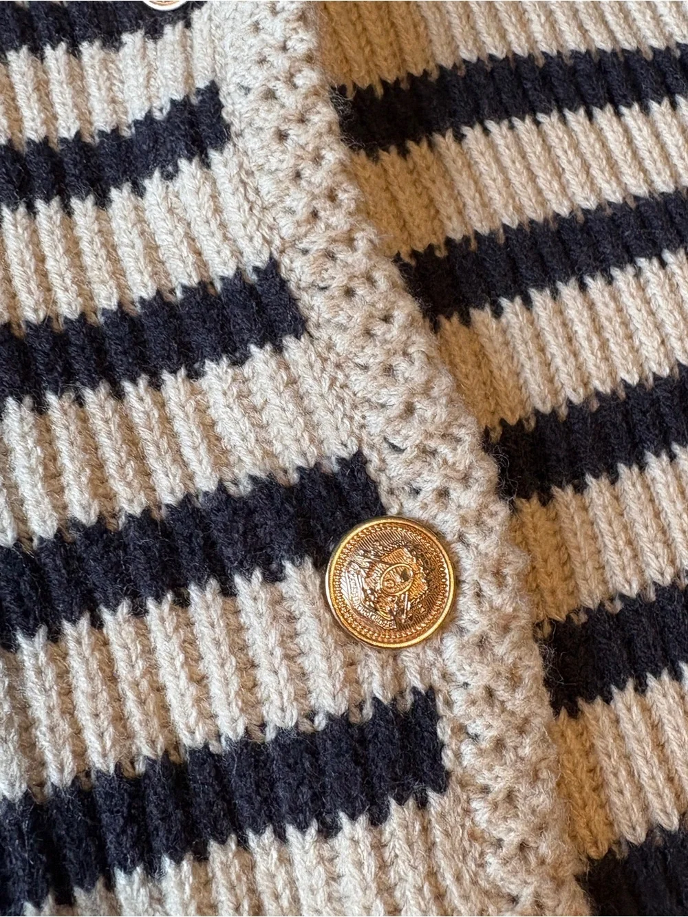 Storia Black & Tan Striped Cropped Cardigan, Gold Buttons, Women’s Sz Small